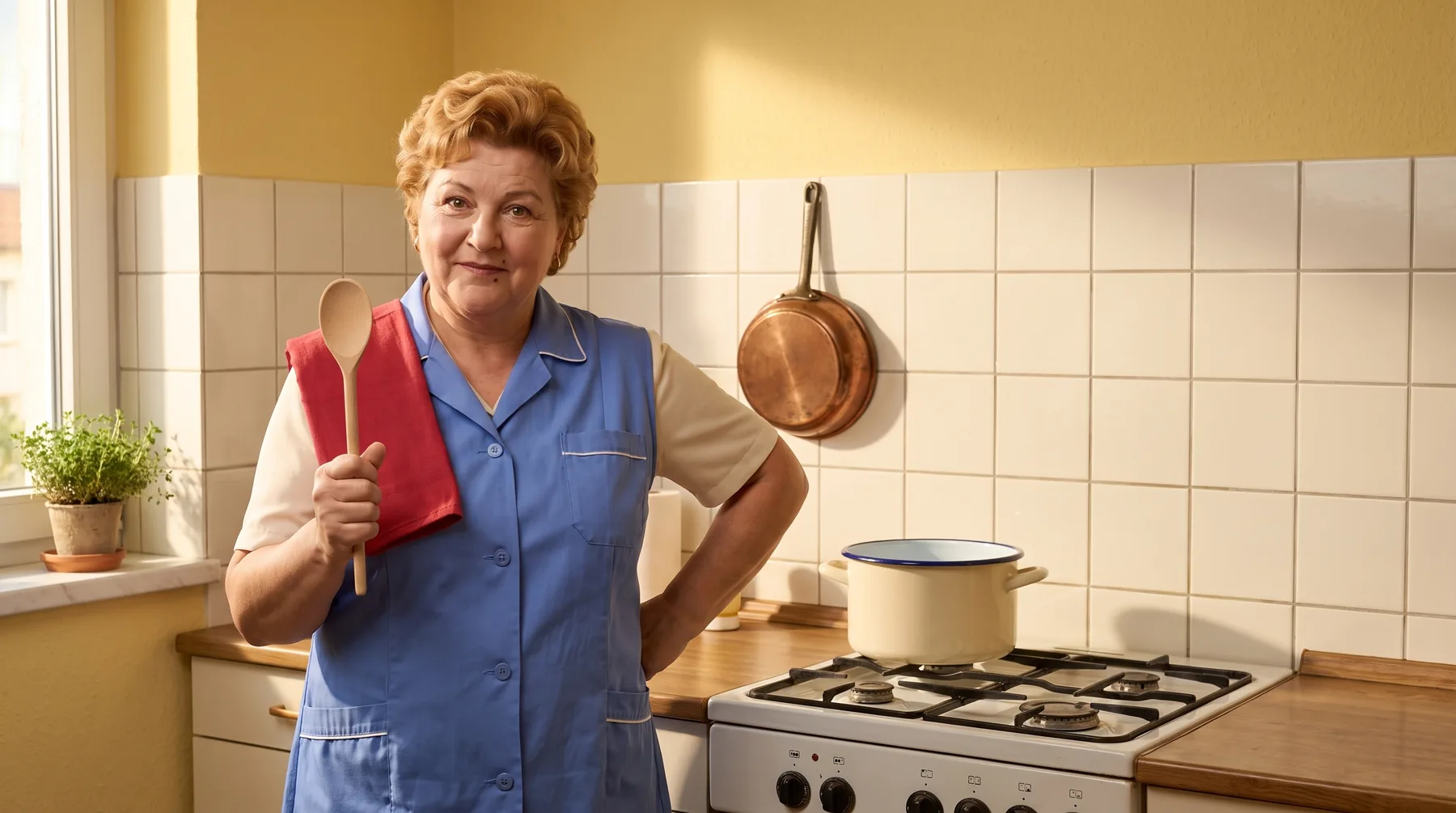 Dei Mudda in ihrer Küche, Kochlöffel erhoben