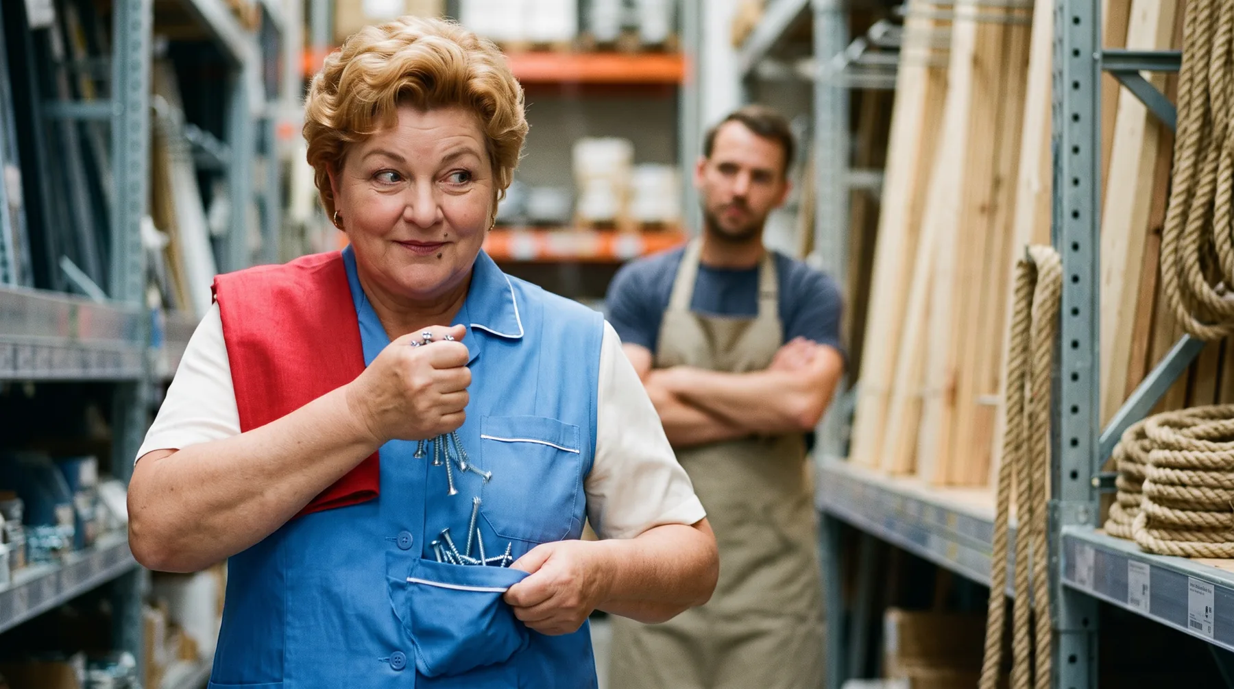 Deine Mutter kippt im Baumarkt Schrauben in ihre Kitteltasche, ein Mitarbeiter sieht es