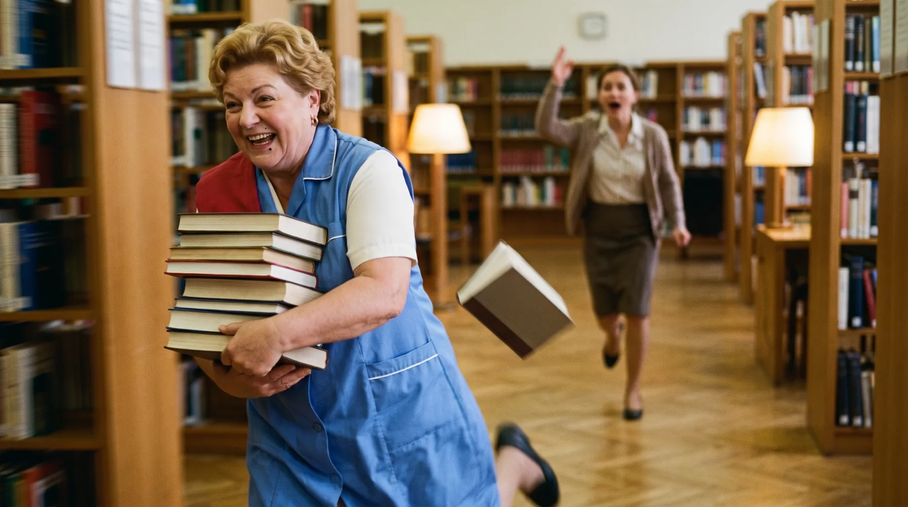 Deine Mutter rennt mit einem Stapel Bücher aus der Bibliothek, die Bibliothekarin hinterher