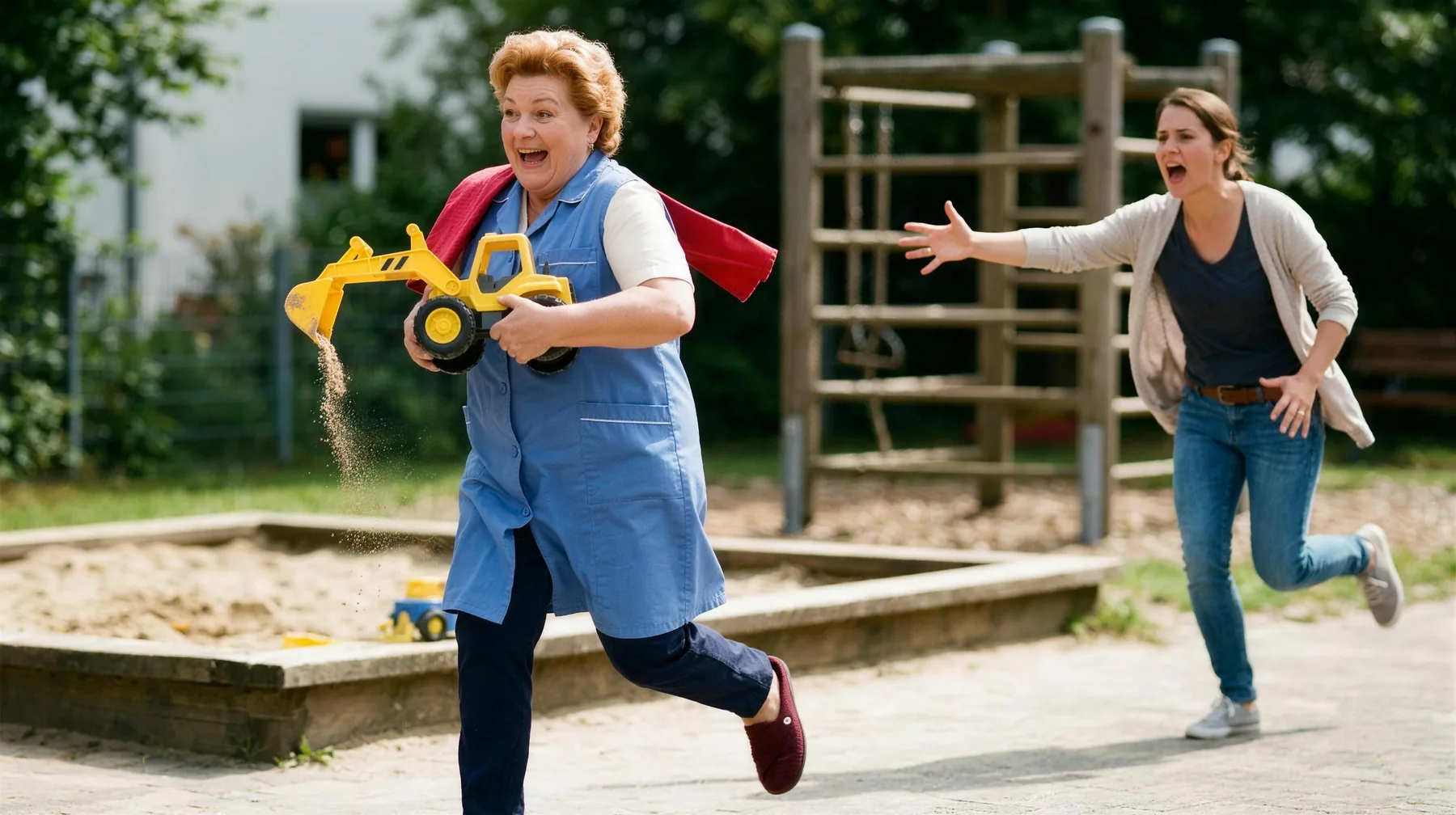 Deine Mutter rennt mit einem Spielzeugbagger aus dem Kindergarten, die Erzieherin hinterher