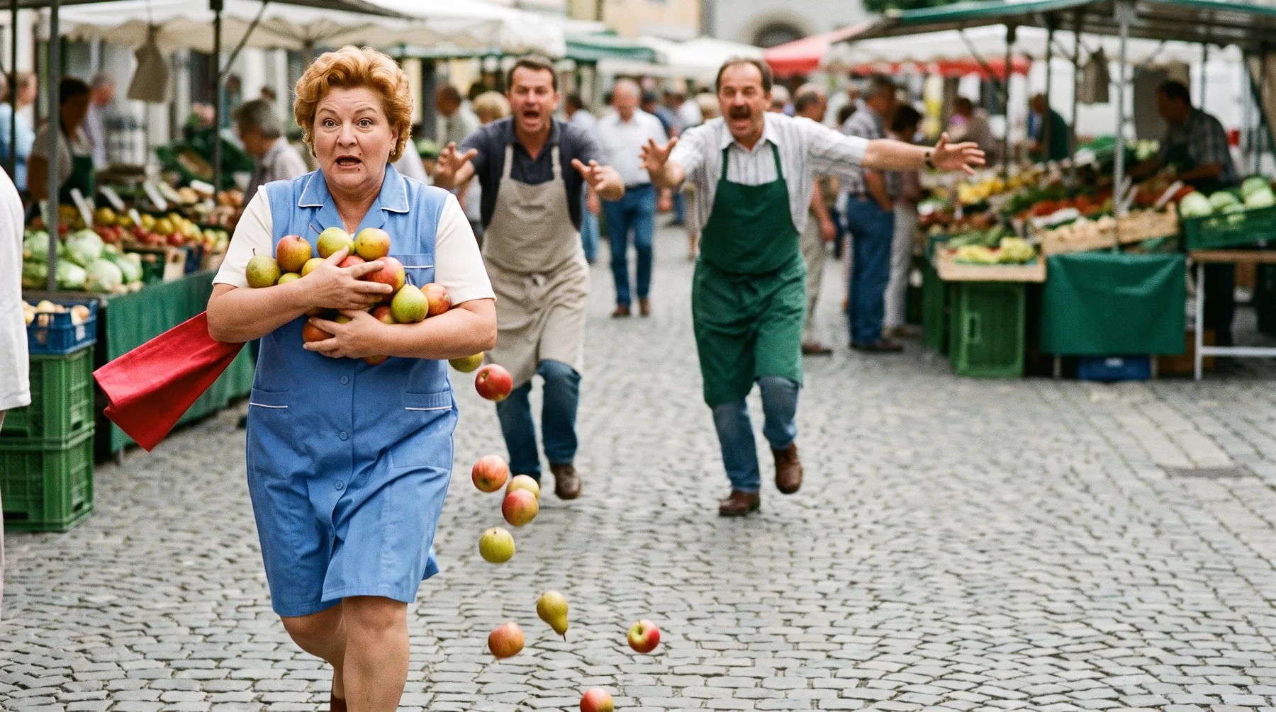 Deine Mutter rennt mit einem Arm voll Obst vom Markt, zwei Händler hinterher
